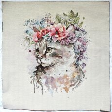 画像1: 「移動中/F在庫」はぎれ45×45：花かんむりの猫（ライトアイボリーベース） (1)