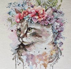 画像3: 「移動中/F在庫」はぎれ45×45：花かんむりの猫（ライトアイボリーベース） (3)