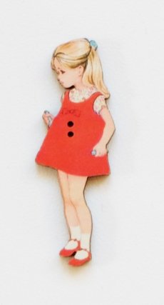 画像3: 「J即納」木製飾りボタン：赤いワンピースのブロンド少女（高さ4.5cm） (3)