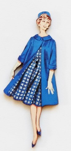 画像3: 「J即納」木製飾りボタン：ブルーのコートのマダム（高さ6.9cm） (3)