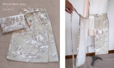 左：同生地＋キータッセルイオコをつけたクラッチバッグ（クラッチバッグの型紙・作り方はついておりません）とともに。　右：調整しやすい巻きスカートです。