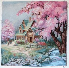 画像1: 「移動中」はぎれ45×45：ファンタジー（家、花の木） (1)