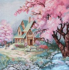 画像10: 「移動中」はぎれ45×45：ファンタジー（家、花の木） (10)